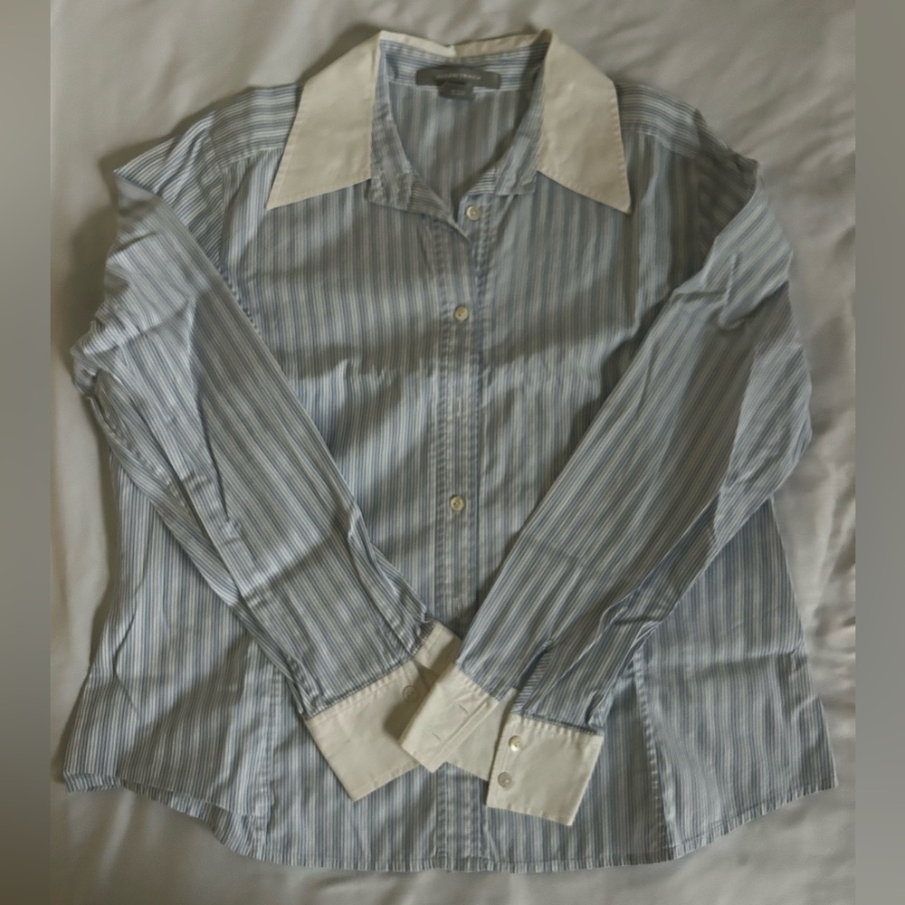 Ellen Tracy Blue and White Striped Button Down Shirt